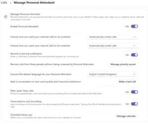 Manage Personal Attendant page in Teams